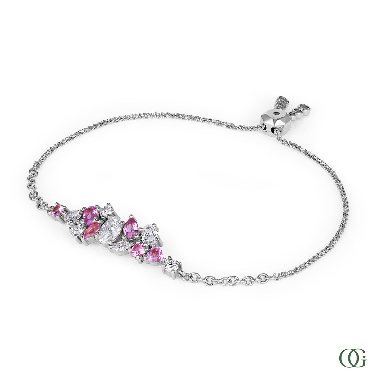 W | pink sapphire & diamond cluster adjustable bracelet in 14K white gold