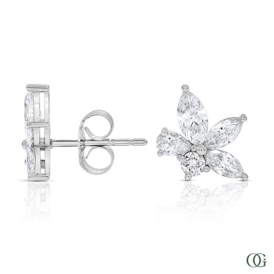 W | Natural Marquise Diamond Flower Stud Earrings in white gold