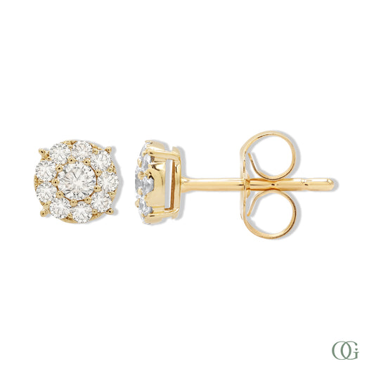 A pair of dainty round diamond earrings with a gold-tone band and a total weight of 0.45 carats.