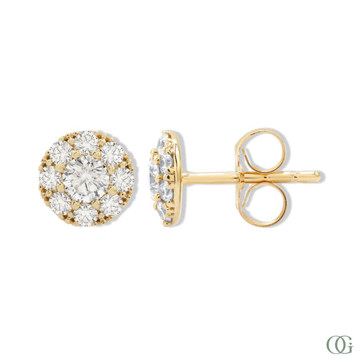 A pair of sparkling round diamond earrings with a gold band and white rhodium plating.