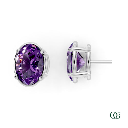 W|Personalized Oval Amethyst Birthstone Stud Earrings in White Gold