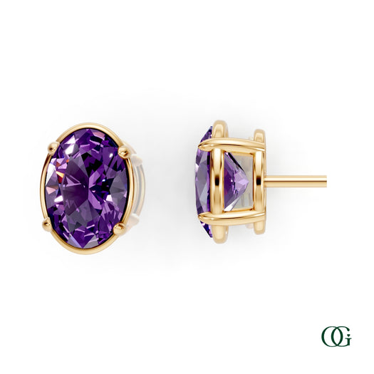 Y|Personalized Oval Amethyst Birthstone Stud Earrings in Yellow Gold