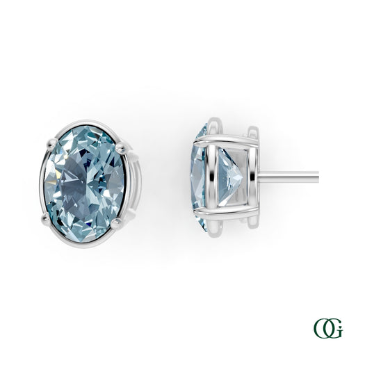 W|Personalized Oval Aquamarine Birthstone Stud Earrings in White Gold