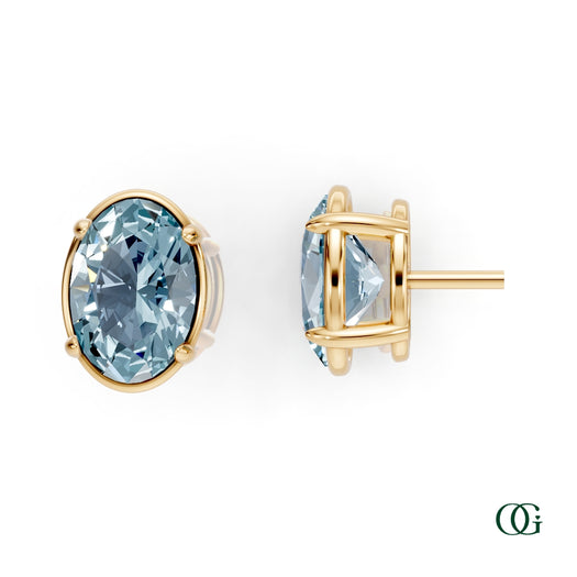 Y|Personalized Oval Aquamarine Birthstone Stud Earrings in Yellow Gold