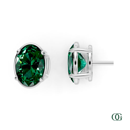 W|Personalized Oval Emerald Birthstone Stud Earrings in White Gold