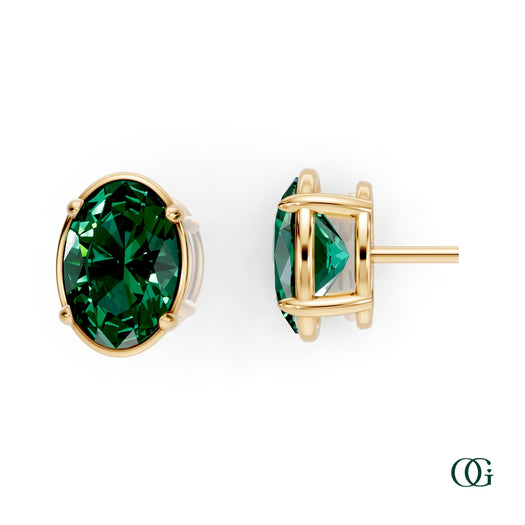 Y|Personalized Oval Emerald Birthstone Stud Earrings in Yellow Gold