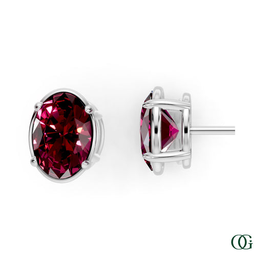 W|Personalized Oval Garnet Birthstone Stud Earrings in White Gold