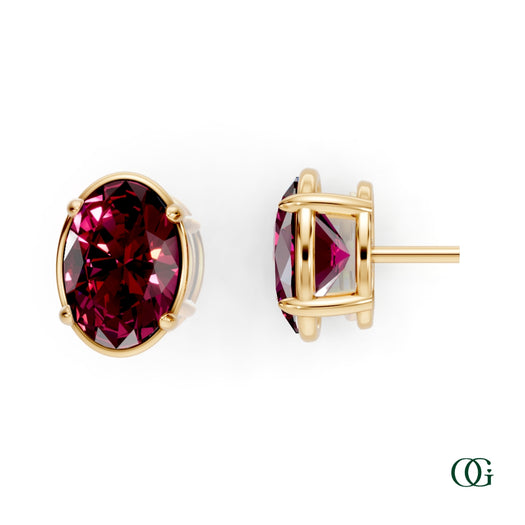 Y|Personalized Oval Garnet Birthstone Stud Earrings in Yellow Gold