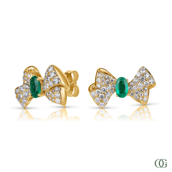 Diamond Bow Earrings with Emerald or Sapphire Center