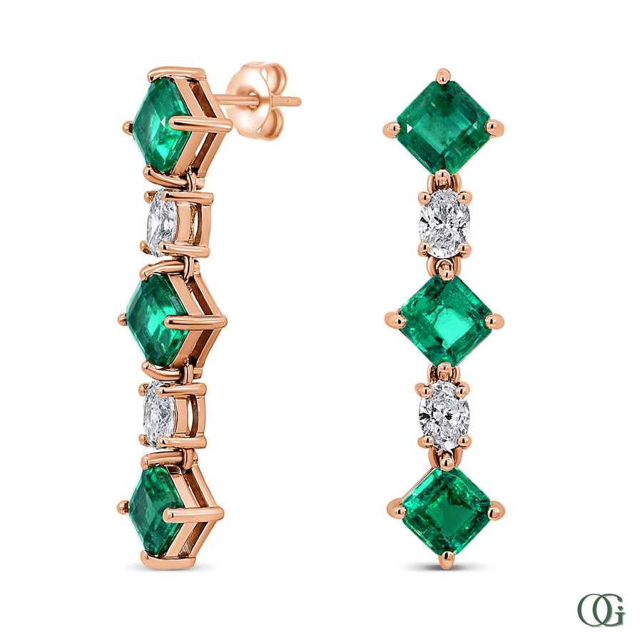 R | Emerald & Natural Diamond Dangling Earrings in rose gold