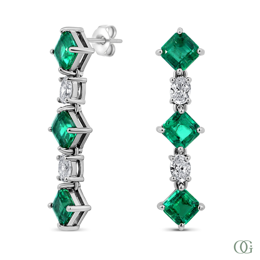 W | Emerald & Natural Diamond Dangling Earrings in white gold