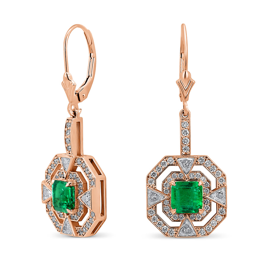 R | Art Deco Emerald & Lab-Grown Diamond Drop Earrings in rose gold
