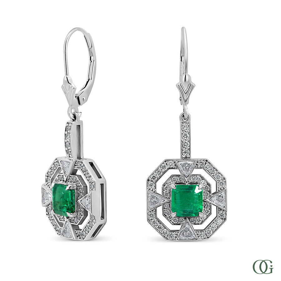 W | Art Deco Emerald & Lab-Grown Diamond Drop Earrings in white gold
