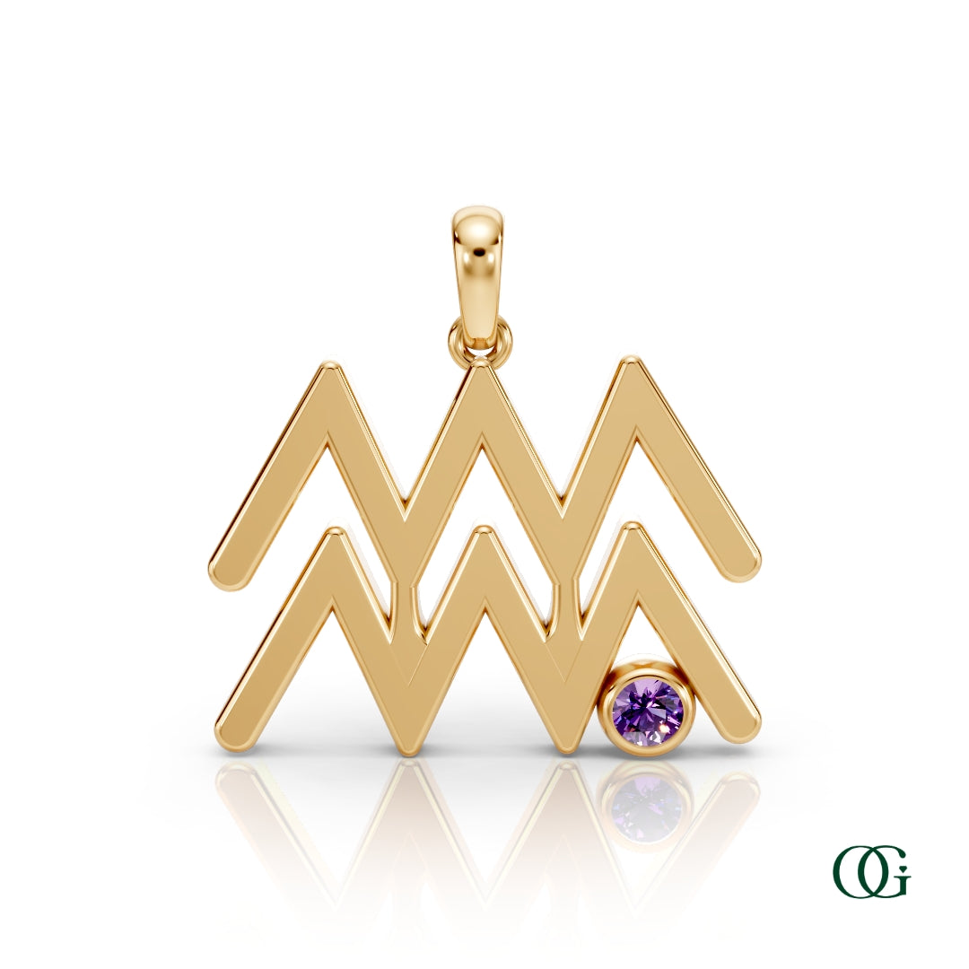 Y|Aquarius Zodiac Pendant with Amethyst in Yellow Gold