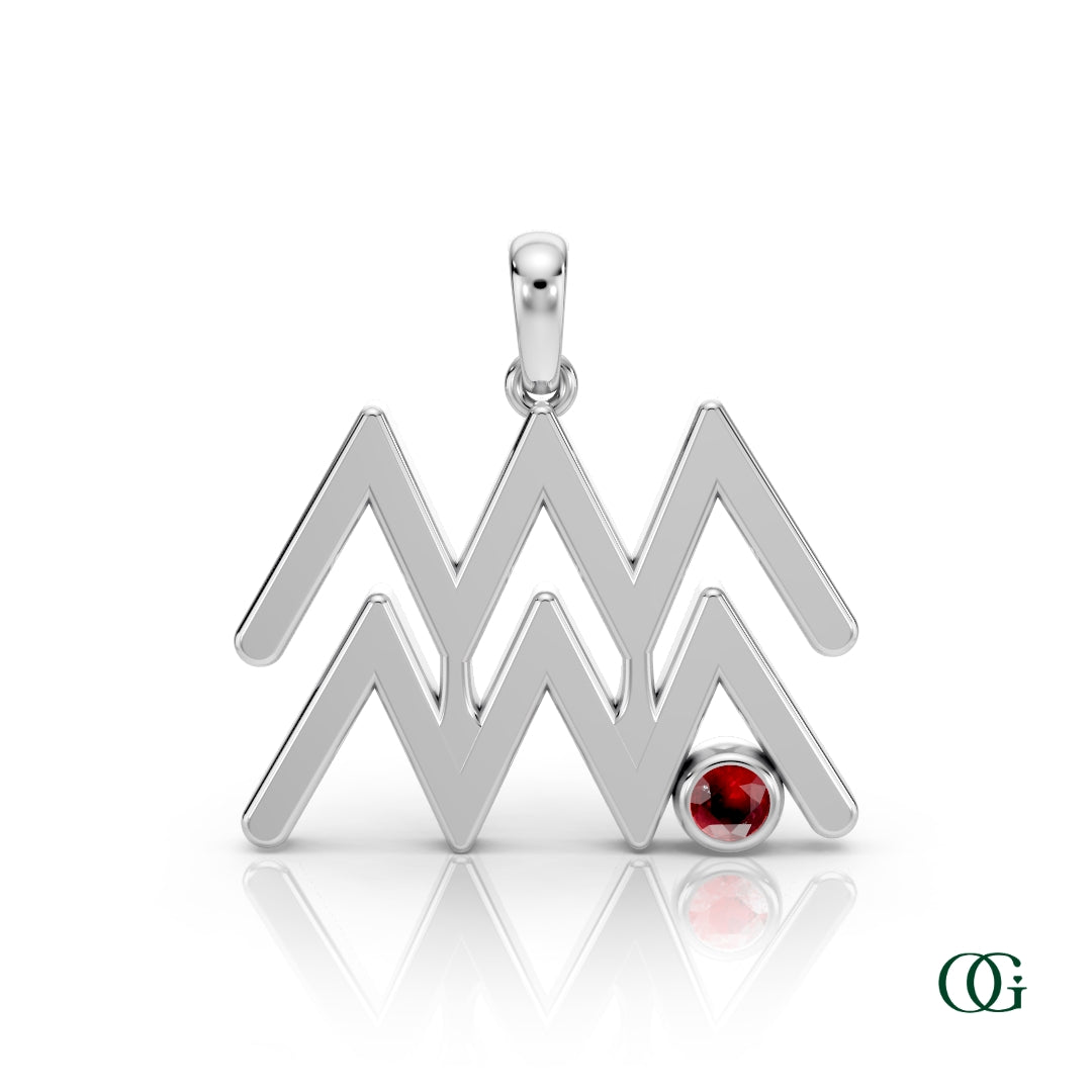W|Aquarius Zodiac Pendant with Garnet in White Gold