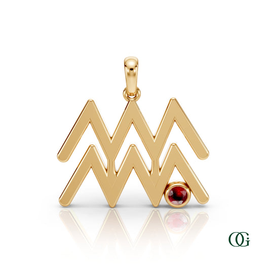 Y|Aquarius Zodiac Pendant with Garnet in Yellow Gold