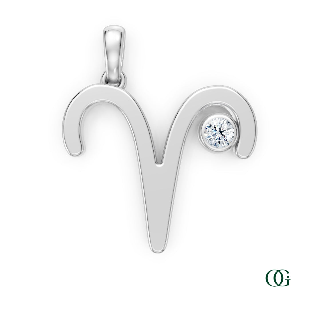 R|Aries Zodiac Pendant with Diamond in White Gold