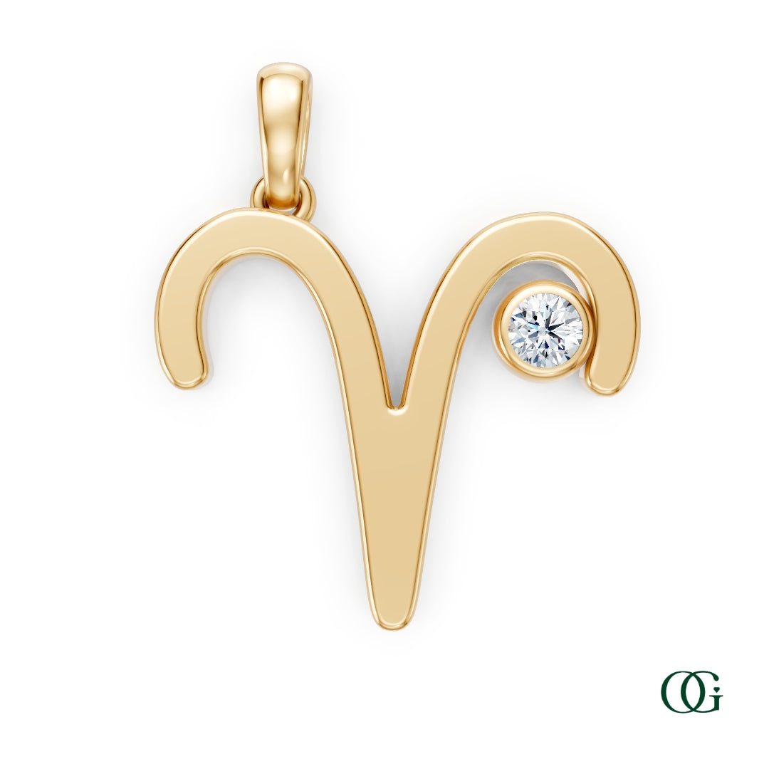 Y|Aries Zodiac Pendant with Diamond in Yellow Gold