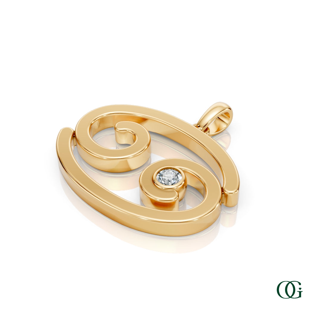 Y |Cancer Zodiac Pendant with Diamond in Yellow Gold