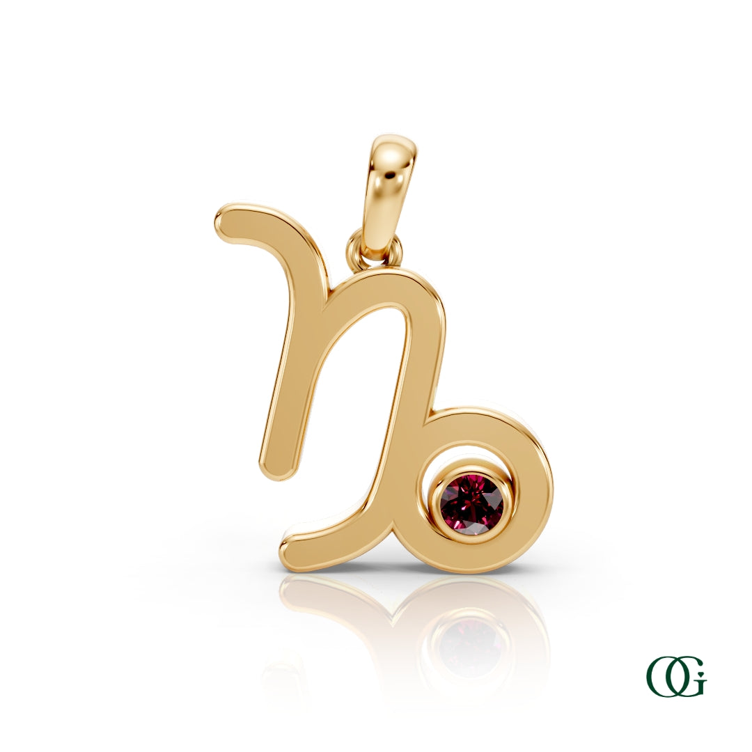 Y |Capricorn Zodiac Pendant with Garnet in Yellow Gold