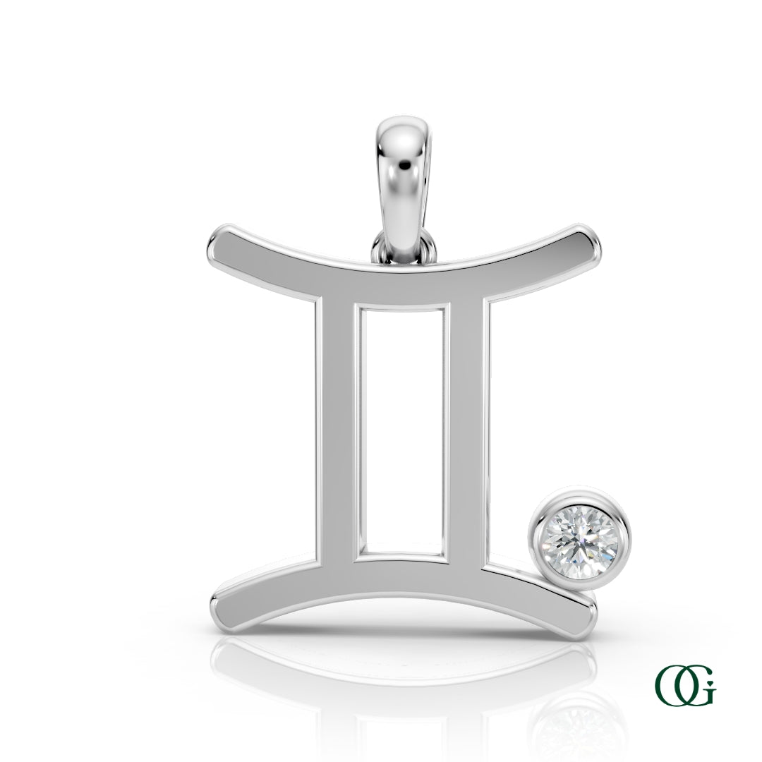 W|Gemini Zodiac Pendant with Diamond in White Gold
