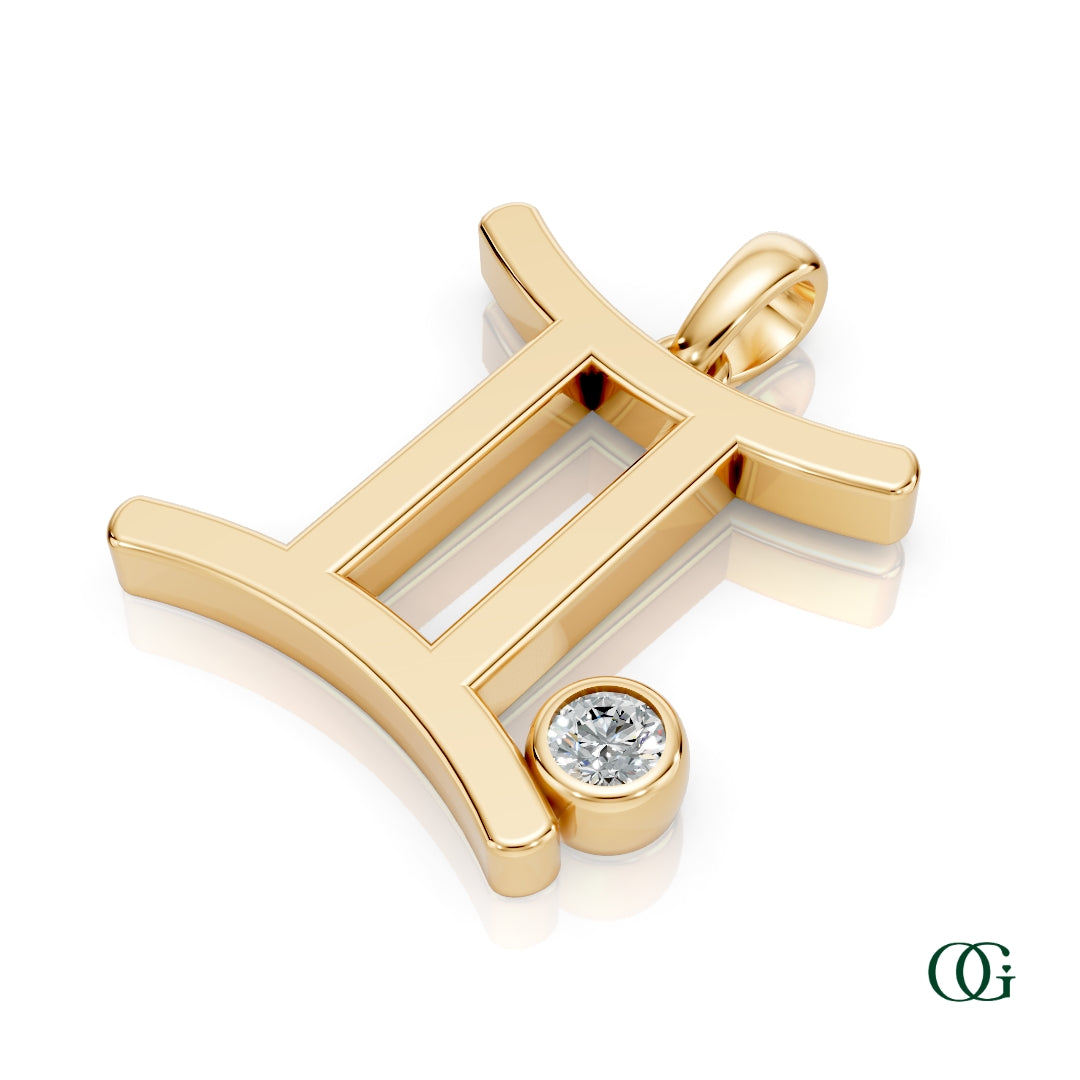 Y|Gemini Zodiac Pendant with Diamond in Yellow Gold