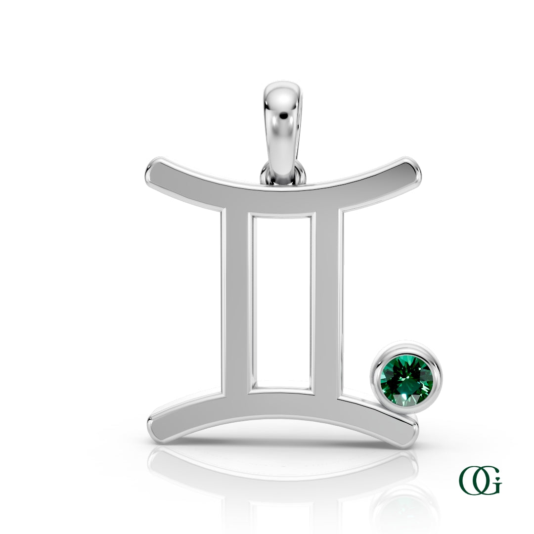 W|Gemini Zodiac Pendant with Emerald in White Gold
