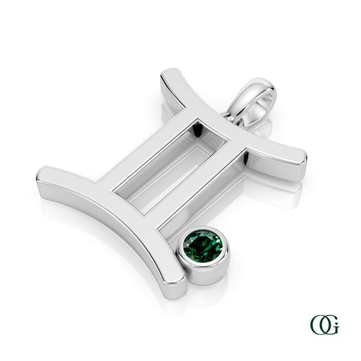 W|Gemini Zodiac Pendant with Emerald in White Gold