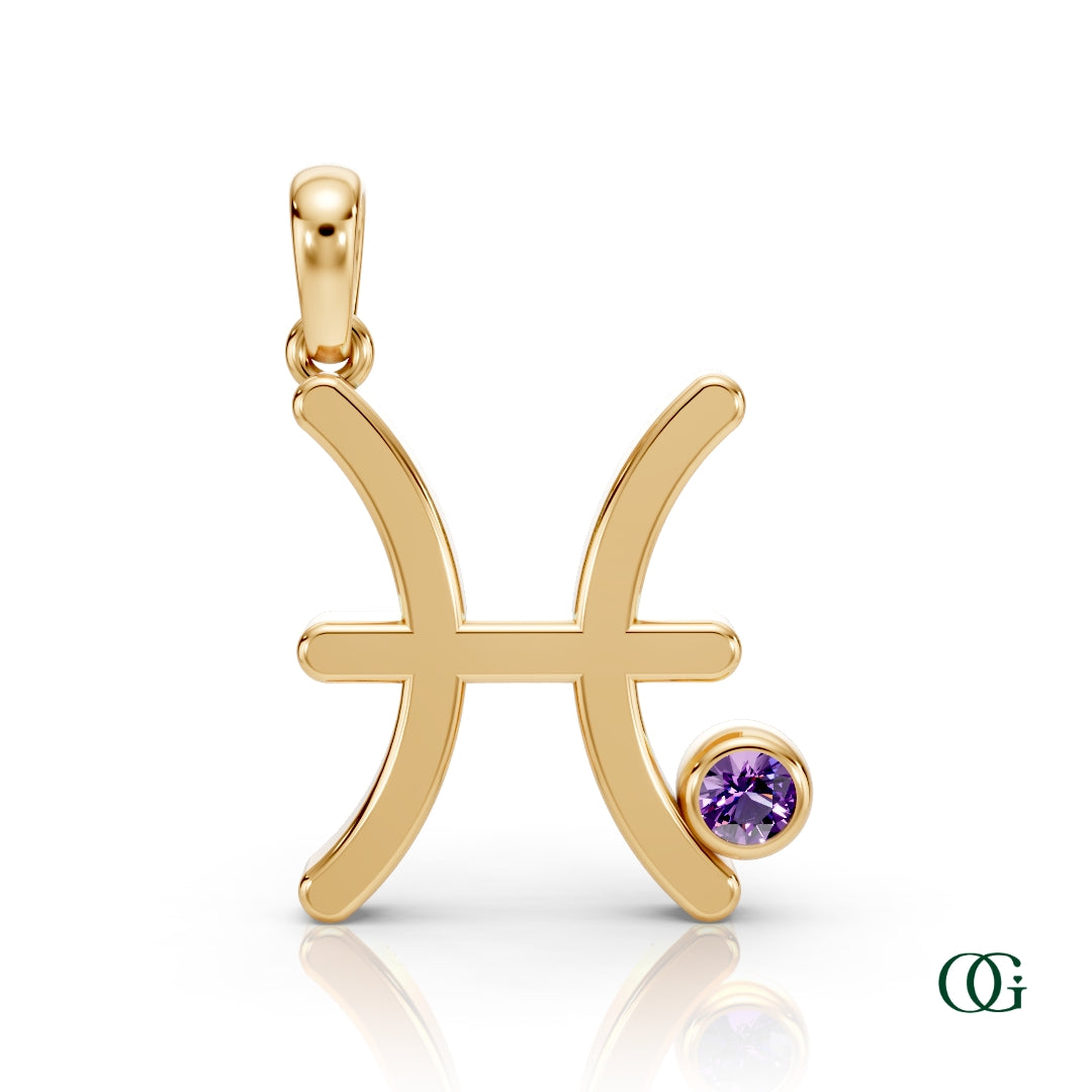 Y| Pisces Zodiac Pendant with Amethyst in Yellow Gold