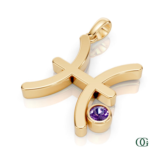 Y| Pisces Zodiac Pendant with Amethyst in Yellow Gold