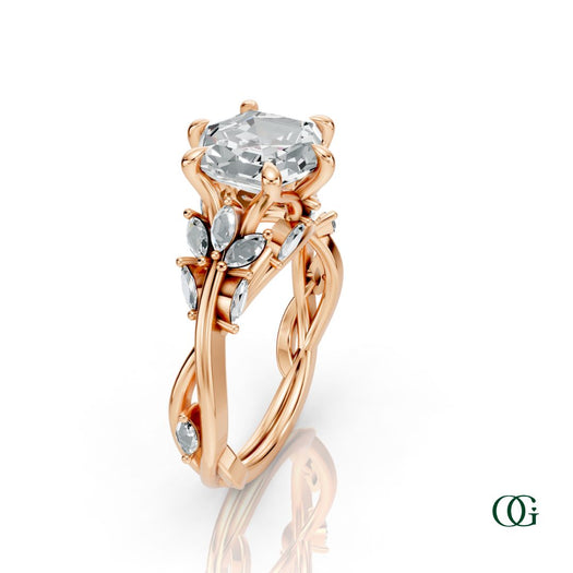 R | A Rose gold diamond ring featuring a central princess-cut diamond surrounded by smaller round and marquise-cut diamonds, set on a white background with a subtle reflection.