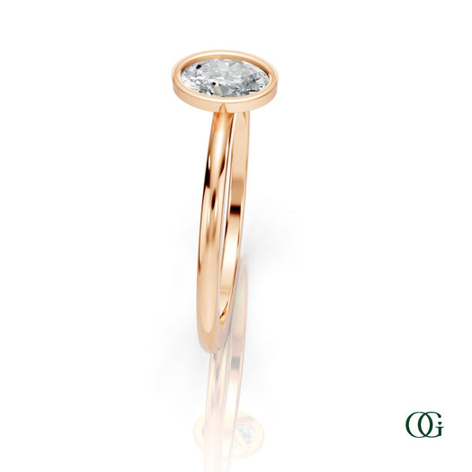 R| A rose gold ring featuring an oval diamond birthstone for April