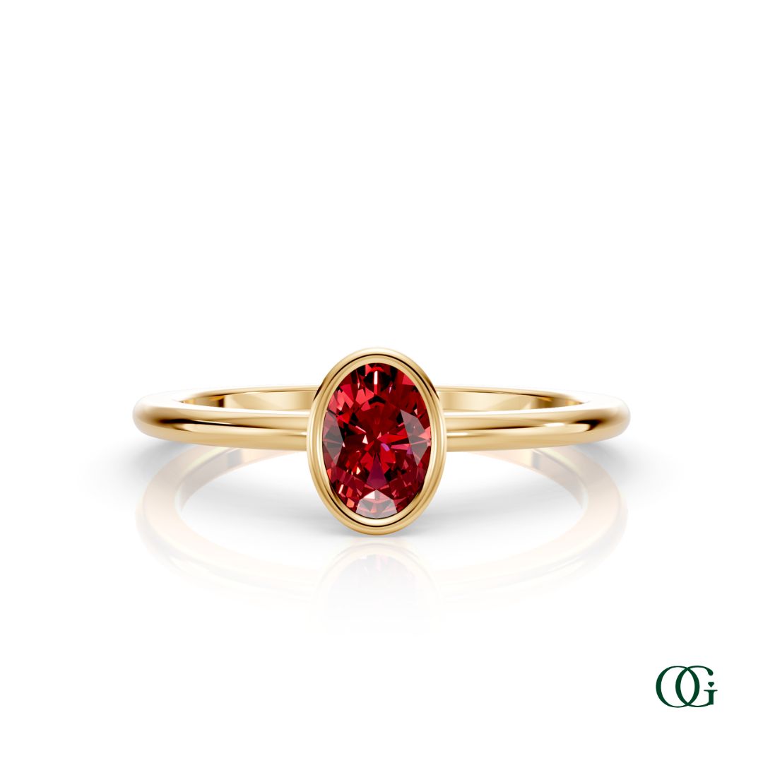 Y| A yellow gold ring featuring an oval ruby birthstone for July