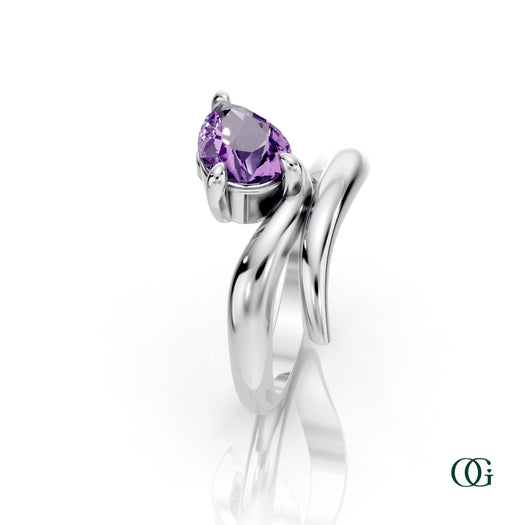 W|Personalized Pear Amethyst Birthstone Ring in White Gold