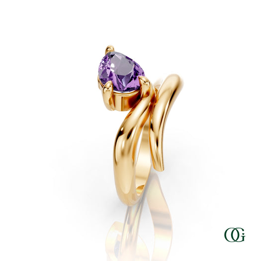 Y|Personalized Pear Amethyst Birthstone Ring in Yellow Gold