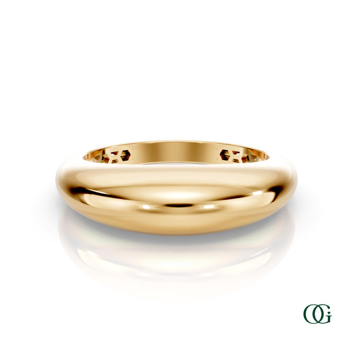 Y | A polished yellow gold band ring with a textured, honeycomb-like pattern on the inner band.