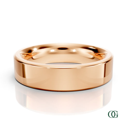 R | A polished rose gold wedding men's band ring with a smooth, rounded profile, displayed on a clean white background with a soft reflection below. 