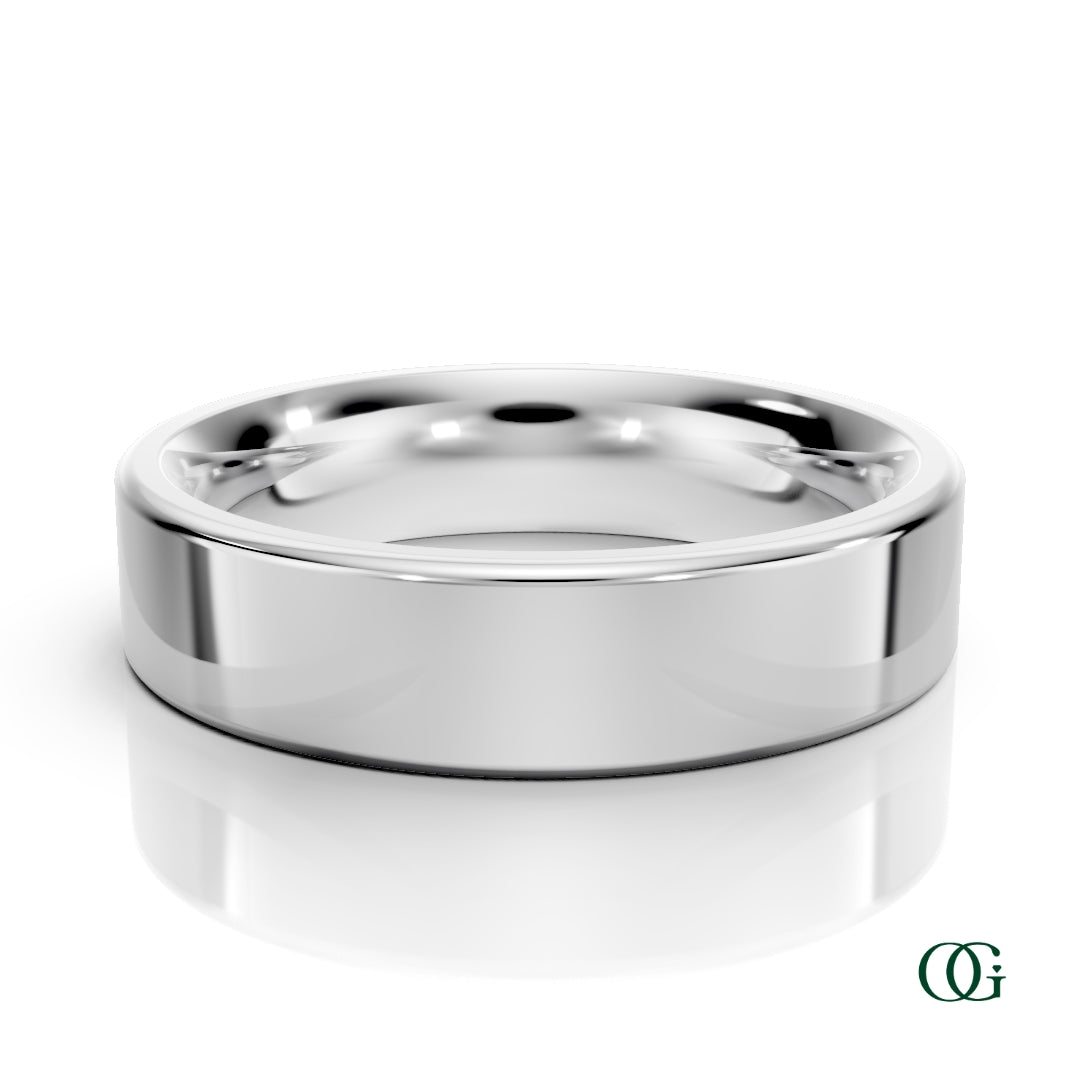 W | A polished white gold wedding men's band ring with a smooth, rounded profile, displayed on a clean white background with a soft reflection below. 