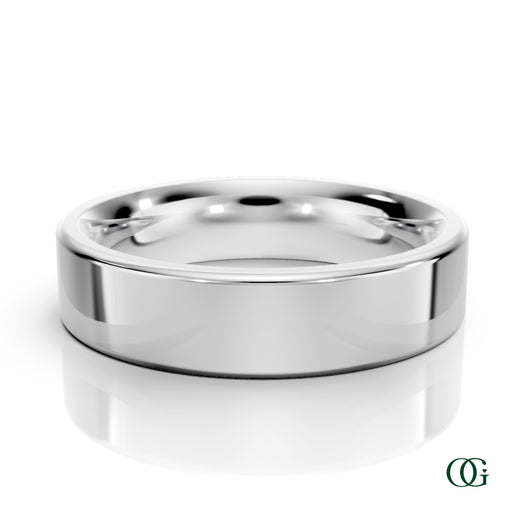 W | A polished white gold wedding men's band ring with a smooth, rounded profile, displayed on a clean white background with a soft reflection below. 