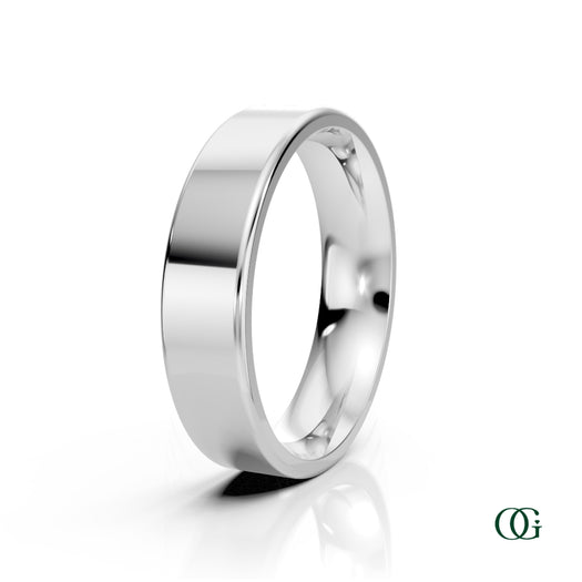 W | A polished white gold wedding men's band ring with a smooth, rounded profile, displayed on a clean white background with a soft reflection below. 