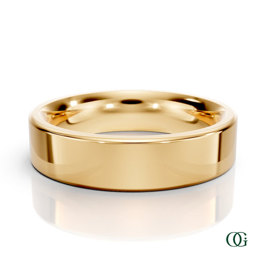 Y | A polished yellow gold wedding men's band ring with a smooth, rounded profile, displayed on a clean white background with a soft reflection below. 