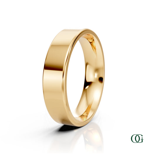 Y | A polished yellow gold wedding men's band ring with a smooth, rounded profile, displayed on a clean white background with a soft reflection below. 