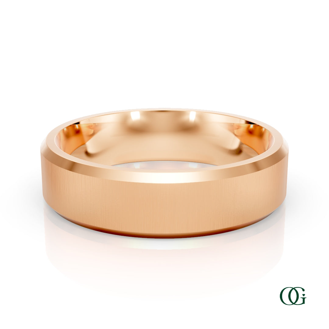 R | A polished rose gold band ring with a brushed finish on the outer surface and a smooth, reflective interior, shown on a clean white background with a subtle reflection.
