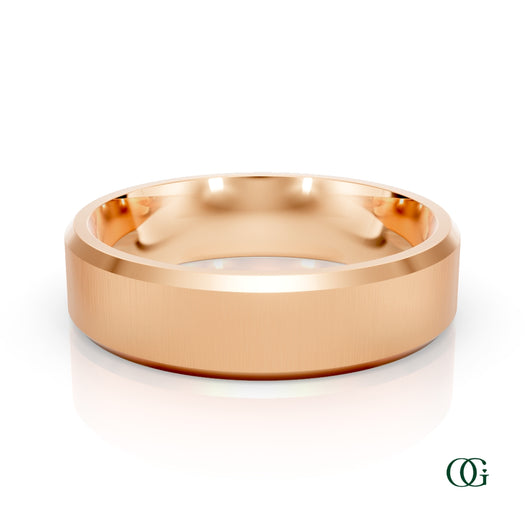 R | A polished rose gold band ring with a brushed finish on the outer surface and a smooth, reflective interior, shown on a clean white background with a subtle reflection.