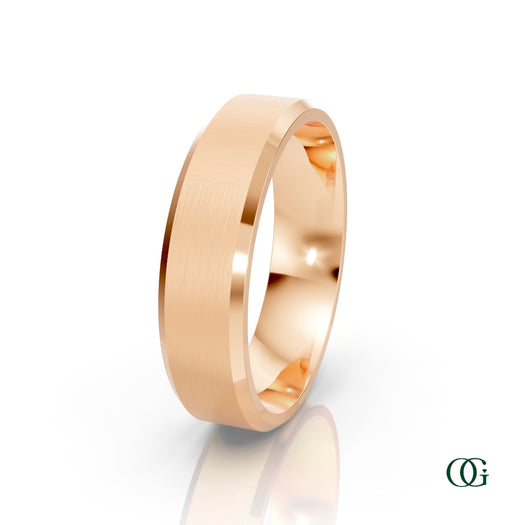 R | A polished rose gold band ring with a brushed finish on the outer surface and a smooth, reflective interior, shown on a clean white background with a subtle reflection.