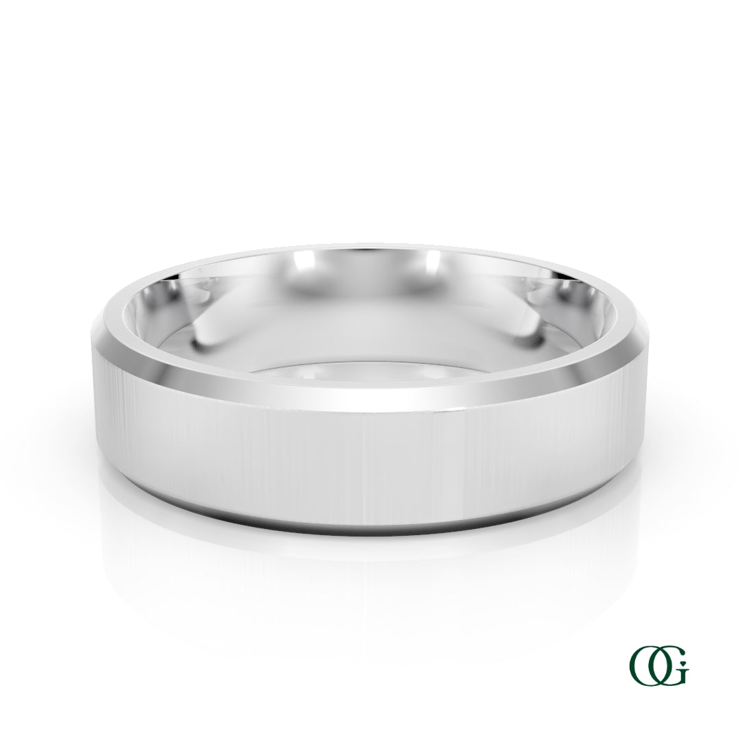 W | A polished white gold band ring with a brushed finish on the outer surface and a smooth, reflective interior, shown on a clean white background with a subtle reflection.