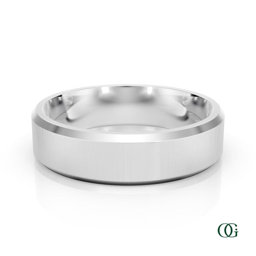 W | A polished white gold band ring with a brushed finish on the outer surface and a smooth, reflective interior, shown on a clean white background with a subtle reflection.