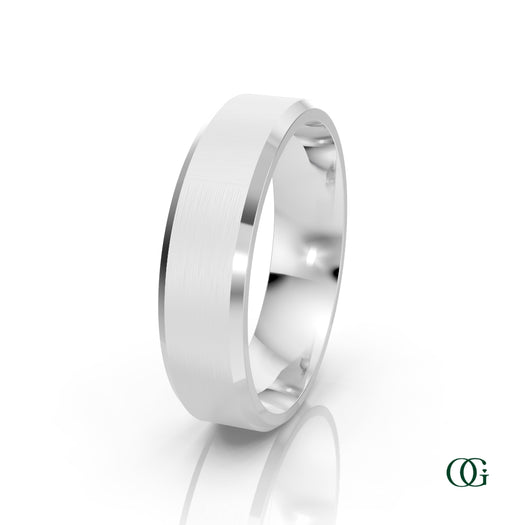 W | A polished white gold band ring with a brushed finish on the outer surface and a smooth, reflective interior, shown on a clean white background with a subtle reflection.