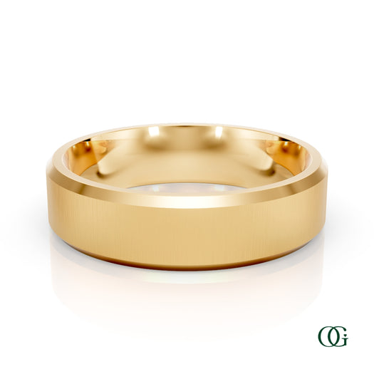 Y | A polished yellow gold band ring with a brushed finish on the outer surface and a smooth, reflective interior, shown on a clean white background with a subtle reflection.