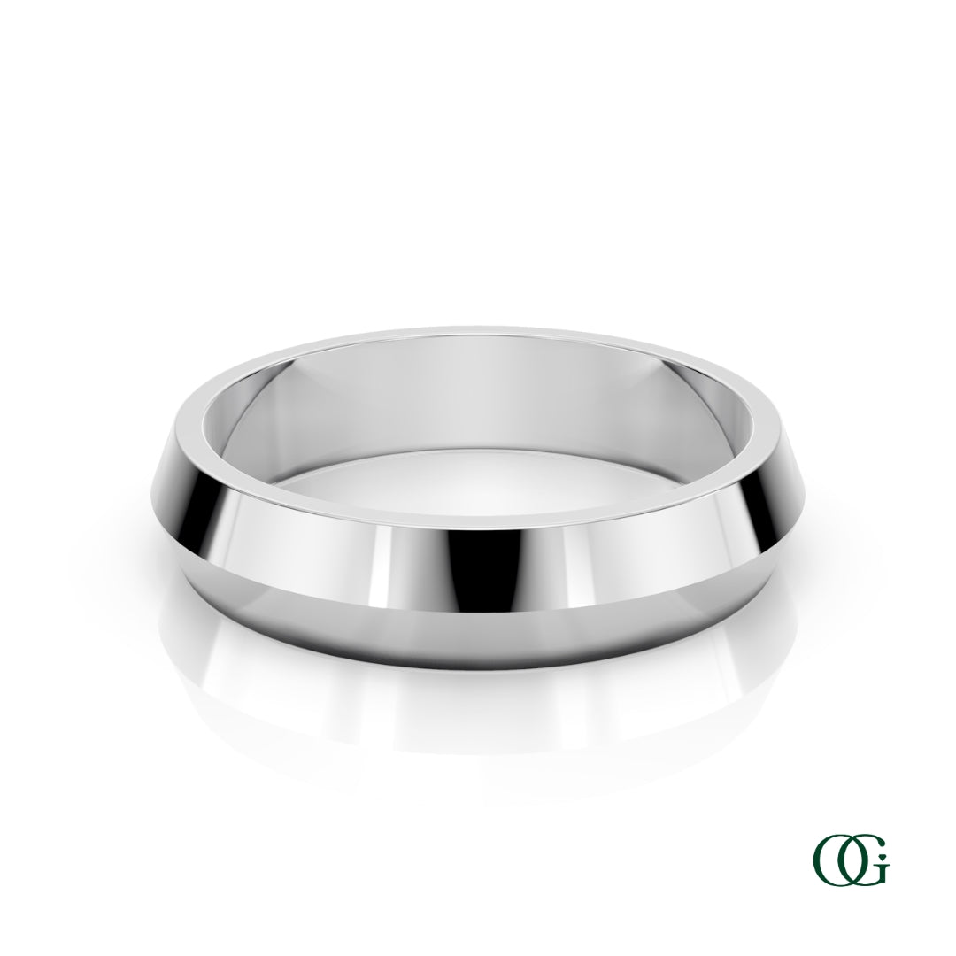 W | A polished white gold band ring with a wide, slightly flared outer edge, shown on a clean white background with a soft reflection.